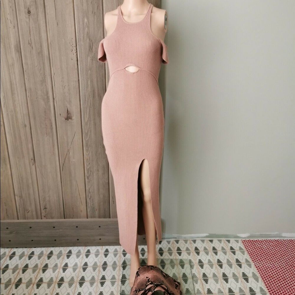 SELF PORTRAIT RIBBED KNIT COLD SHOULDER MIDI KEYHOLE SLIT FRONT ZIP BACK SZ MED